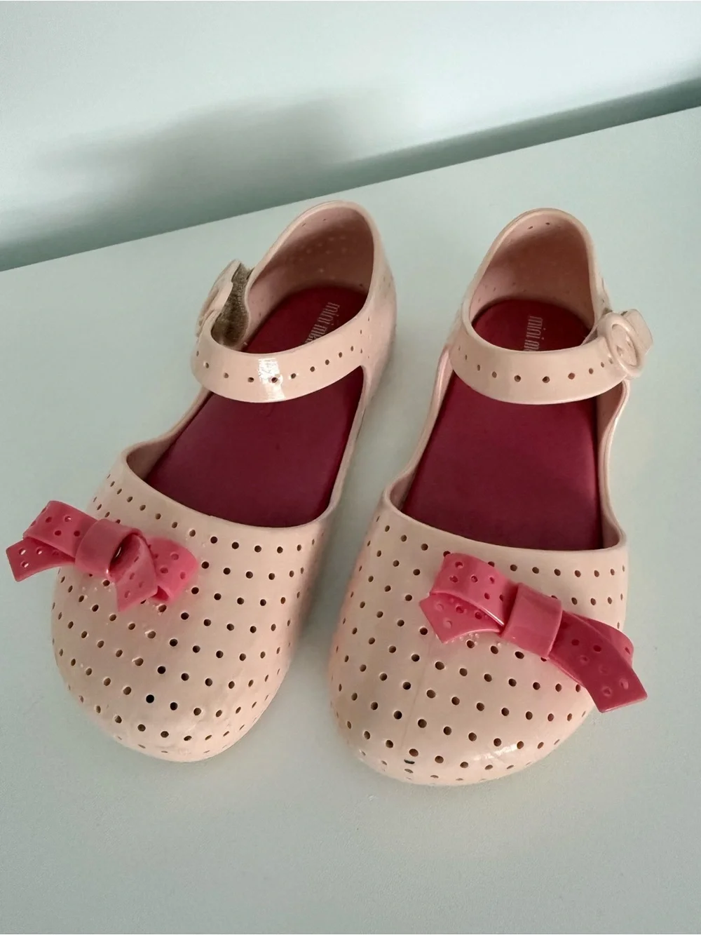 Mini Melissa Pale Pink Mary Jane Shoes with Dark Pink Bows
